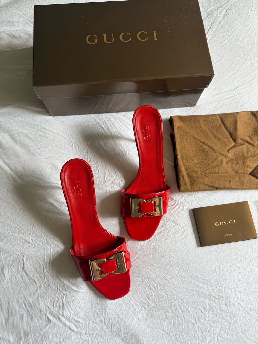 Gucci by Tom Ford Red Patent Leather Buckle Slide Mules on mid/kitten heel